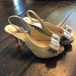 Kate Spade Womens Cream Canvas Snakeskin Slingback Open Toe Heels Sz 5.5